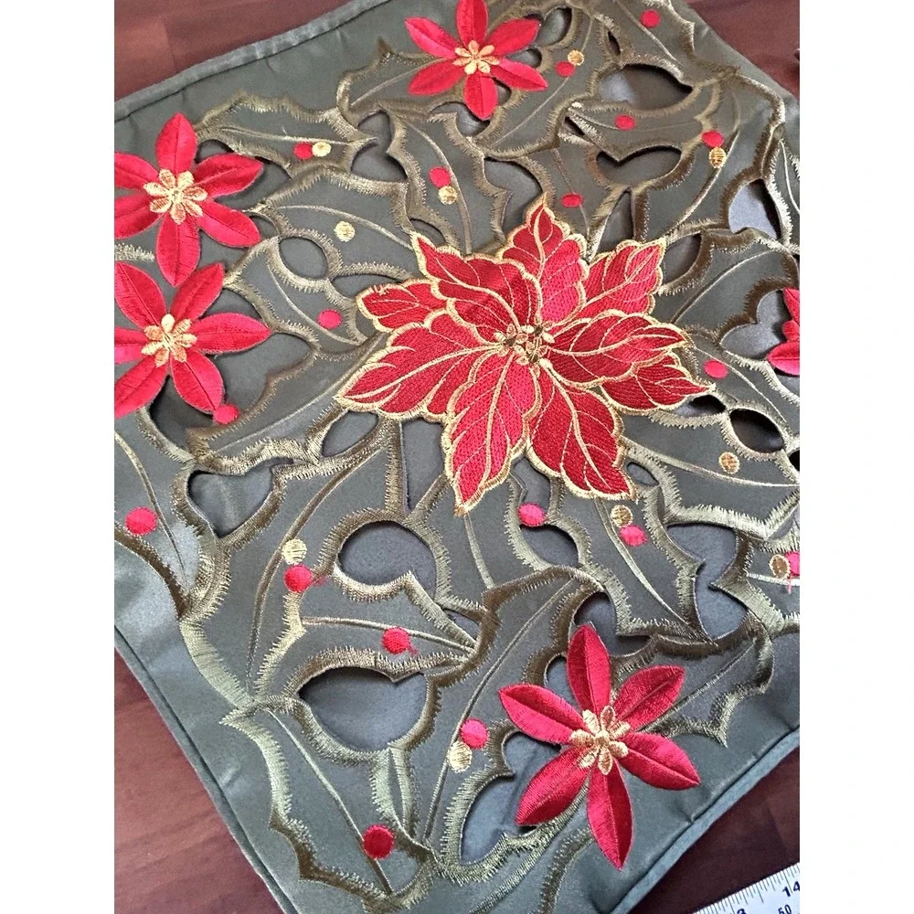 Poinsettia Cutout Embroidery Pillow Cover 16
